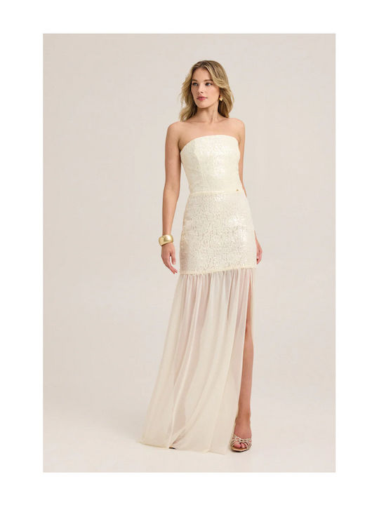 Maxi Βραδινό Φόρεμα Strapless με Τούλι Λευκό