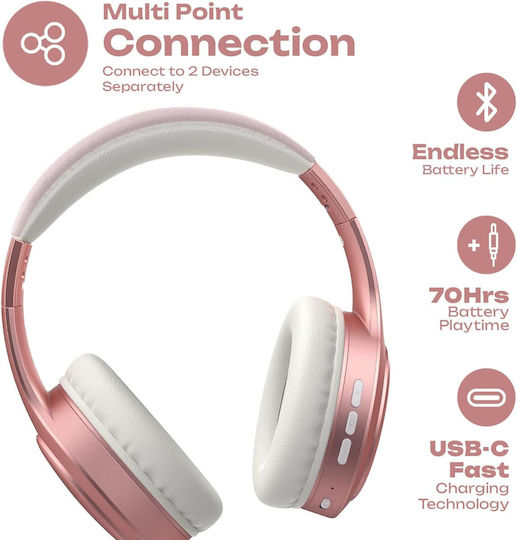 PowerLocus P19 Безжични / Жични Over Ear Слушалки с 60 часа Работа и Бързо Зареждане Розово злато