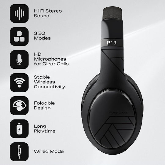 PowerLocus P19 Безжични / Жични Over Ear Слушалки с 60 часа Работа и Бързо Зареждане Черни