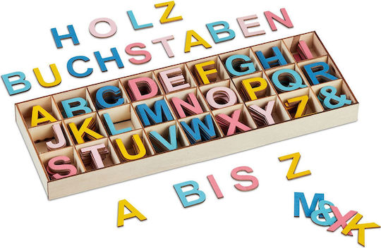 Relaxdays Set Litere Din Lemn Colorate 324 Bucăți Albastre Galbene Roz 2.5x30x10.5 Cm