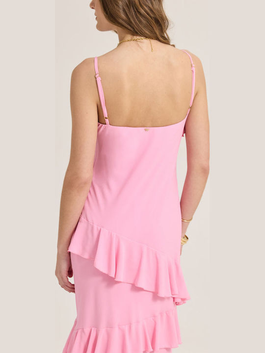 Rochie De Vară Maxi Cu Volane Roz