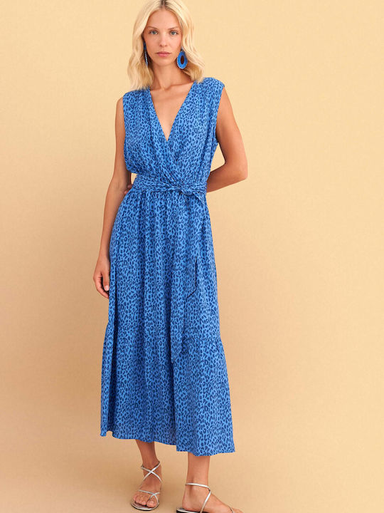 Sommer Midi Damenkleid Wickel Blau