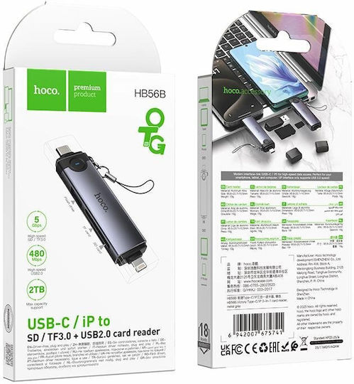 Hoco Card Reader Lightning USB 2.0 Type-C για SD/microSD Γκρι