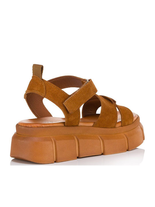 Кожени Дамски Сандали Flatforms Тютюнев