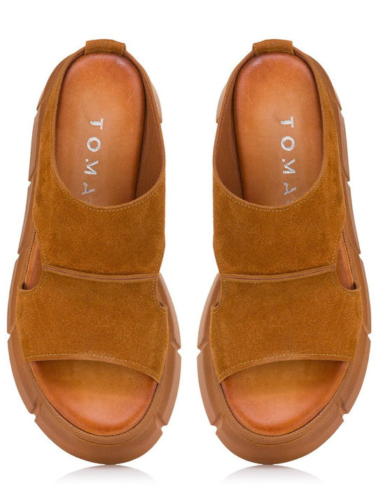 Leather Women's Flat Sandals Flatforms Tabac Brown