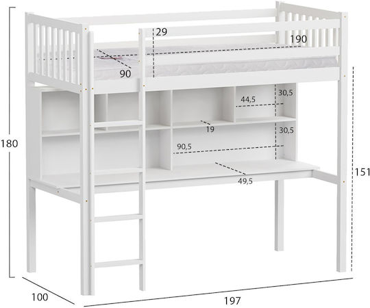 Kids Bed Bunk Single with Storage Space Mattress and Desk White 90x190cm
