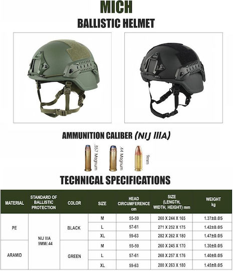 Mich Nij Iiia Tactical Ballistic Helmet Resistant To 9mm 357 Sig 44 Magnum Bullets Nvg Compatible Fast Rail 360° Adjustment System Ultra-resistant Aramid Material Size L Black