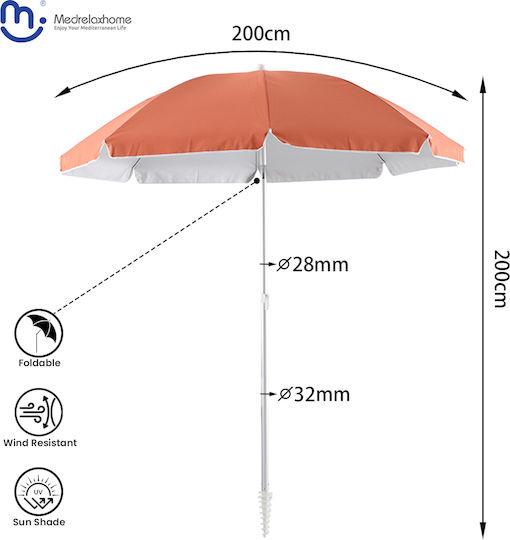 Folding Aluminum Beach Umbrella Diameter 2m with UV Protection Orange OPBU1004