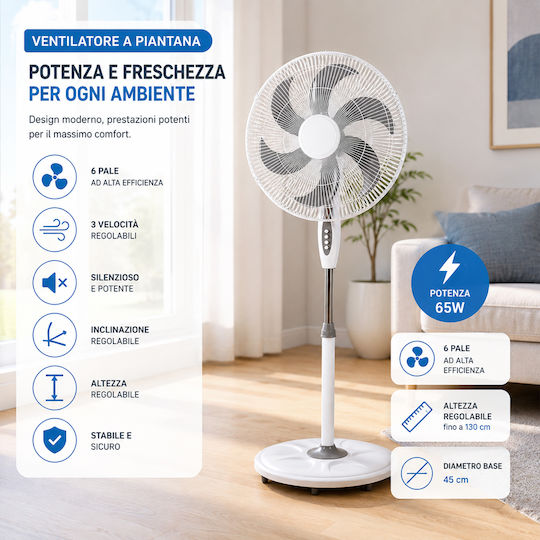 Bakaji Ανεμιστήρας Ορθοστάτης 65W Διαμέτρου 45cm Λευκός