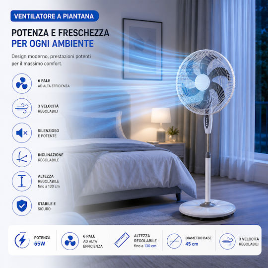 Bakaji Ανεμιστήρας Ορθοστάτης 65W Διαμέτρου 45cm Λευκός