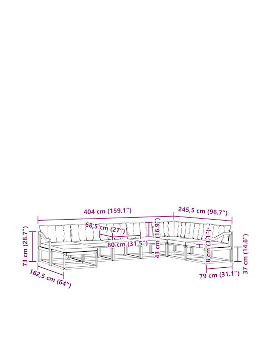 Corner Outdoor Sofa Wooden with Cushions 404x245.5x73cm