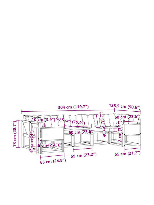 Ecksofa Outdoor Hölzernes mit Kissen 304x128.5x73cm