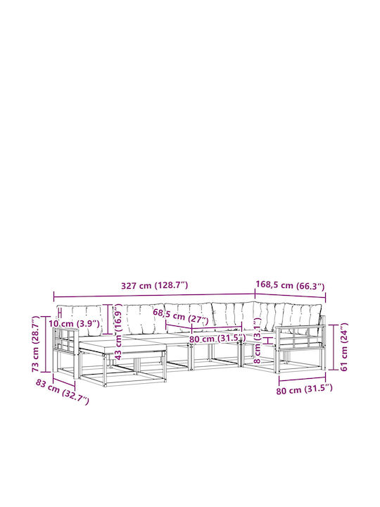 Corner Outdoor Sofa Wooden with Cushions 327x168.5x73cm