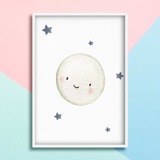 Kids Wall Art Moon with White Wooden Frame 40x50cm