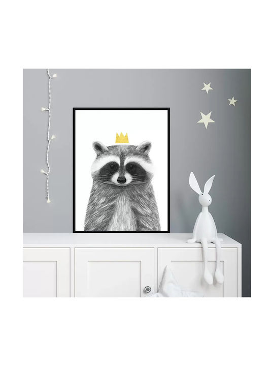 Kids Wall Art Queen Racoon with White Wooden Frame 40x50cm