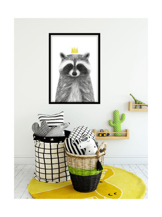 Kids Wall Art Queen Racoon with White Wooden Frame 40x50cm