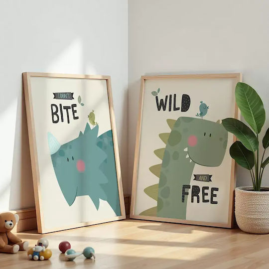 Kids Wall Art Dinosaur with White Wooden Frame 40x50cm