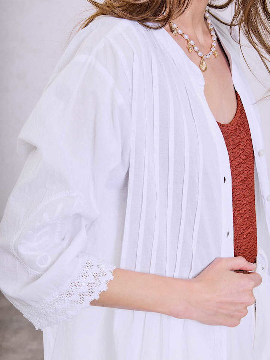 Celestino Women's Embroidered Caftan Shirt Paisley Loose Fit White
