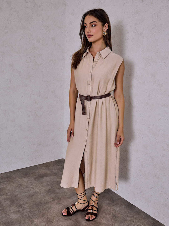Celestino Women's Shirt Dress Knitted Belt Beige
