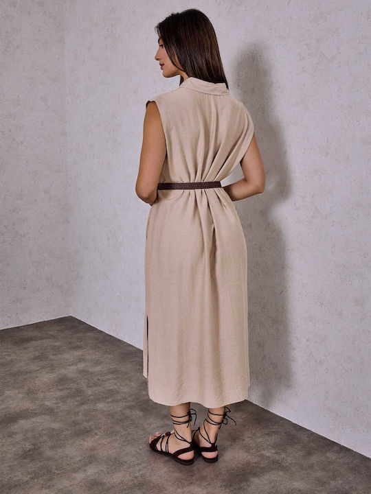 Celestino Women's Shirt Dress Knitted Belt Beige