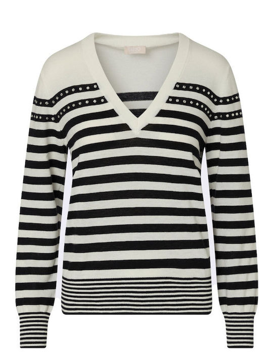 Women's Blouse with V-Neckline Striped Ecru-Black