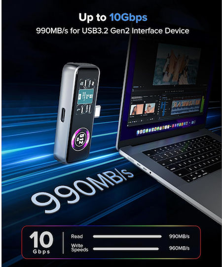 SSD Extern Magnetic 512 Gb Viteză Până la 990mb/s Înregistrare Video 4k 120fps Prores Ventilator Integrat USB 3.2 Gen2 Tip-C Suportă PD3.0 27w Ecran LCD Compatibil iPhone 15/16 și Ulterior Gri