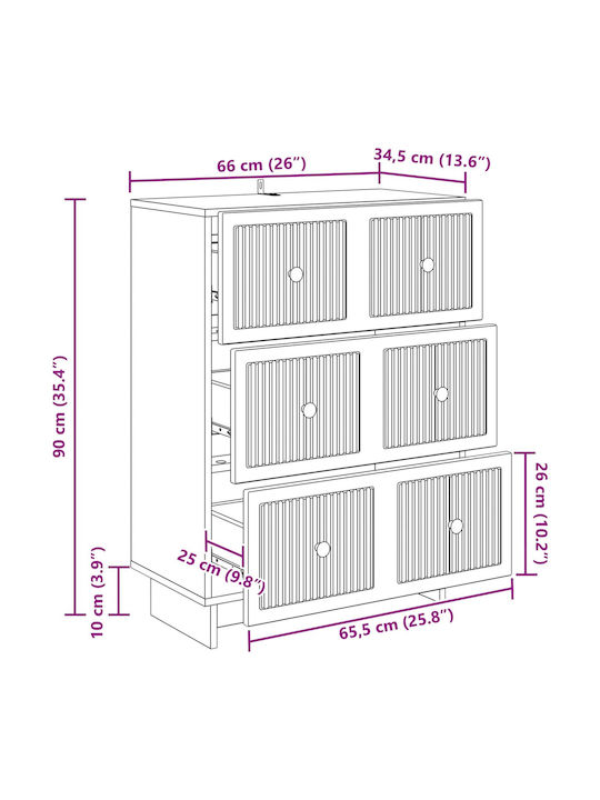 Kommode Schlafzimmer aus Holz & Metall mit 3 Schubladen Weiß 66x34.5x90cm