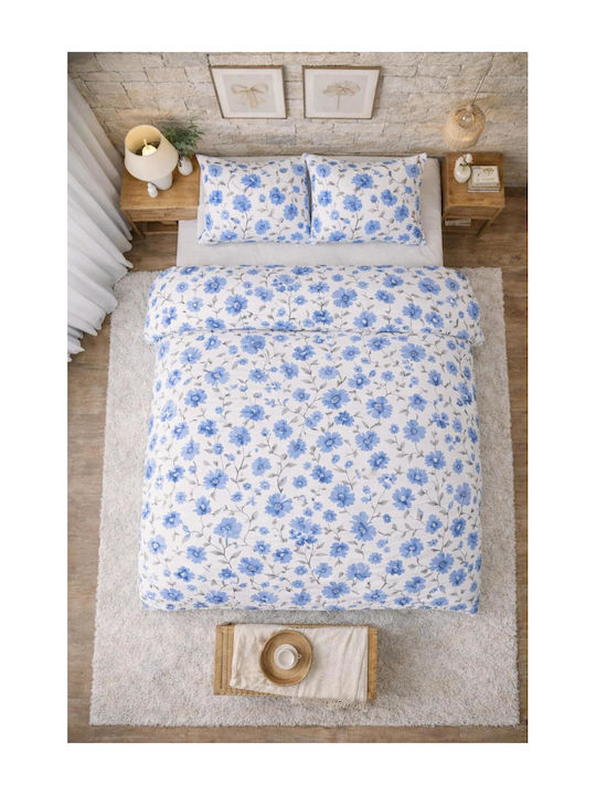 SteweHome Cotton Duvet Cover Set 200x230cm Double With 2 Pillowcases & 1 Bed Sheet Blue