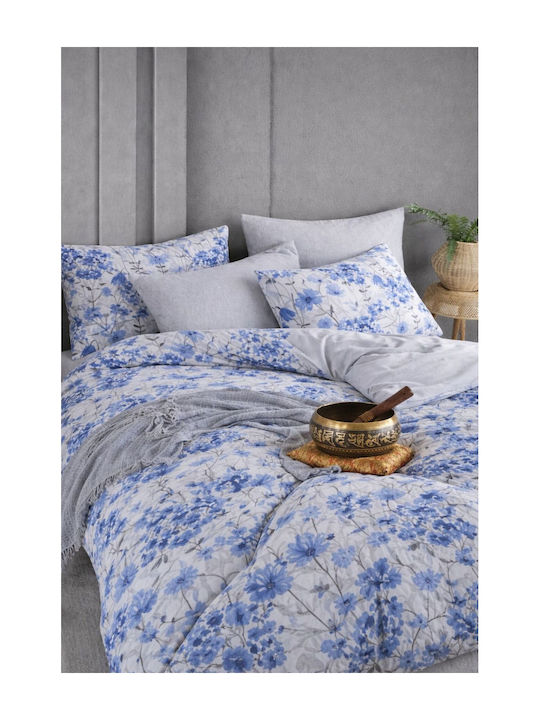 SteweHome Cotton Duvet Cover Set 200x230cm Double With 2 Pillowcases & 1 Bed Sheet Blue