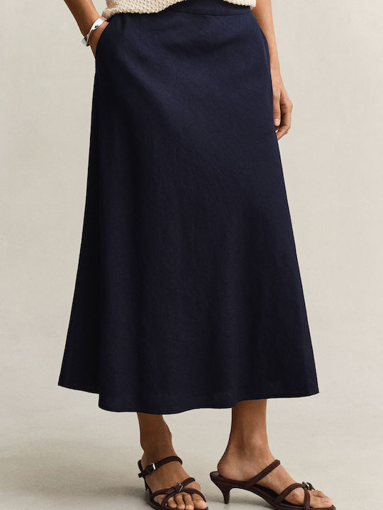 Skirt Λινή Ψηλόμεση Midi Φούστα Darkblue