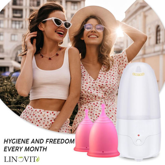 Set Sterilizator Cupe Menstruale + 2 Cupe Menstruale Reutilizabile 25ml 30ml Linovit Dispozitiv Curățare cu Aburi Compatibil cu Majoritatea Cupelor Menstruale 100% Silicon Medical
