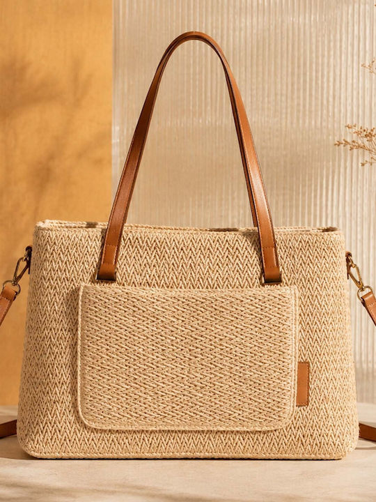 Gallantry Women Tote Handbag Mac & Noa Raffia-effect Front Pocket Chic Beige