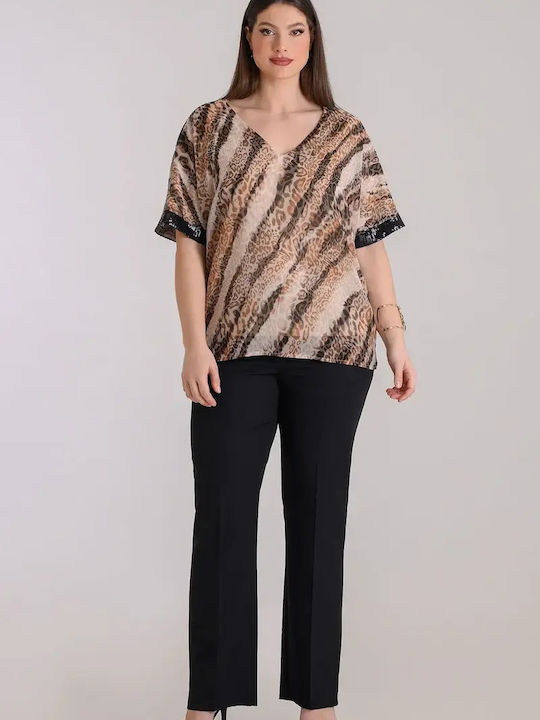 Women's Blouse Short Sleeve with V-Neck Animal Print Beige