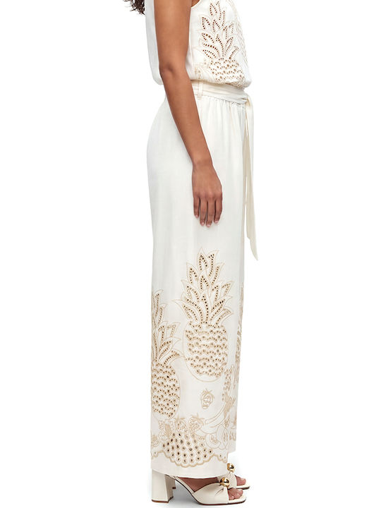 Damen Hochgeschnittene Leinen Pantaloona mit Gummiband Ecru-Beige