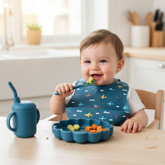 Queen Mother Feeding Set Planes Made of Silicone with Anti-Slip Base Blue 6pcs