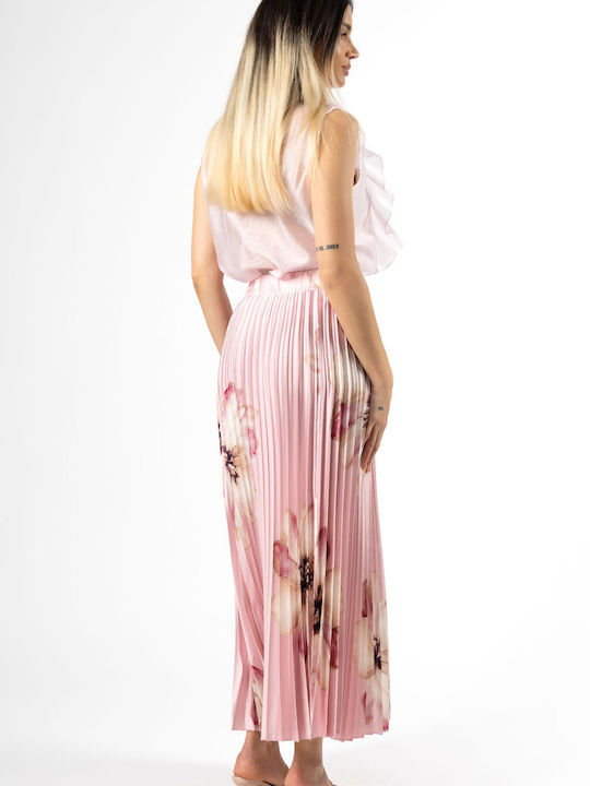 Πλισέ Maxi Φούστα Floral Ροζ
