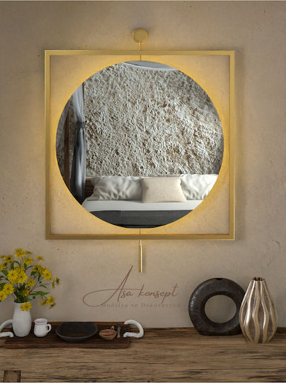 SteweHome Wandspiegel mit Gelbem Metallischem Rahmen & LED Beleuchtung 80x80cm