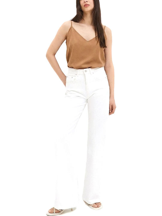 Women's Satin Sleeveless Blouse with V-Neckline Beige-Gold
