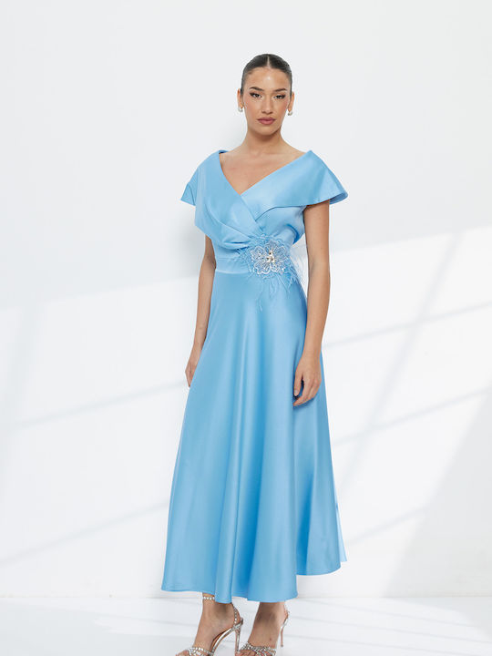 Summer Midi Evening Satin Light Blue Dress