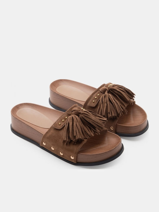 Suede Mules με Χαμηλό Τακούνι σε Καφέ Χρώμα