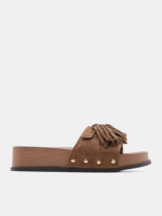 Suede Mules με Χαμηλό Τακούνι σε Καφέ Χρώμα