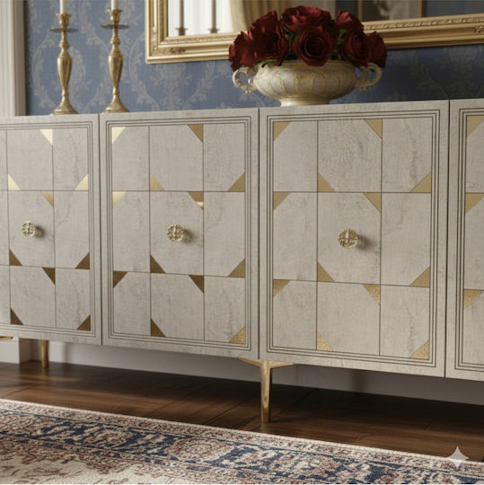 Wooden Sideboard with Mirror White 150x32x75cm
