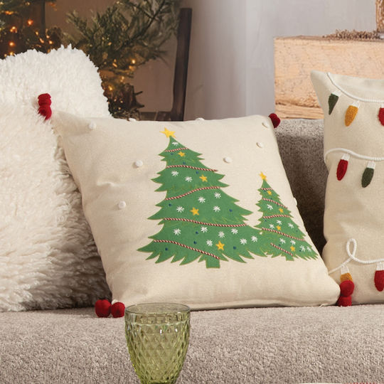 Възглавница Декоративна Коледна Пълнеж Happy Holiday Tree Бежова Nef-nef Homeware 45x45