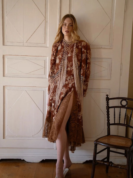 Rochie-Cămașă Midi Floral Teracotă