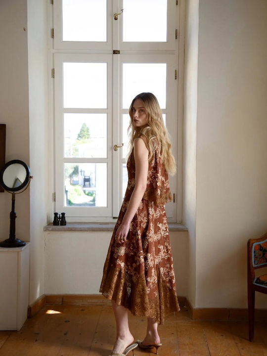 Rochie-Cămașă Midi Floral Teracotă