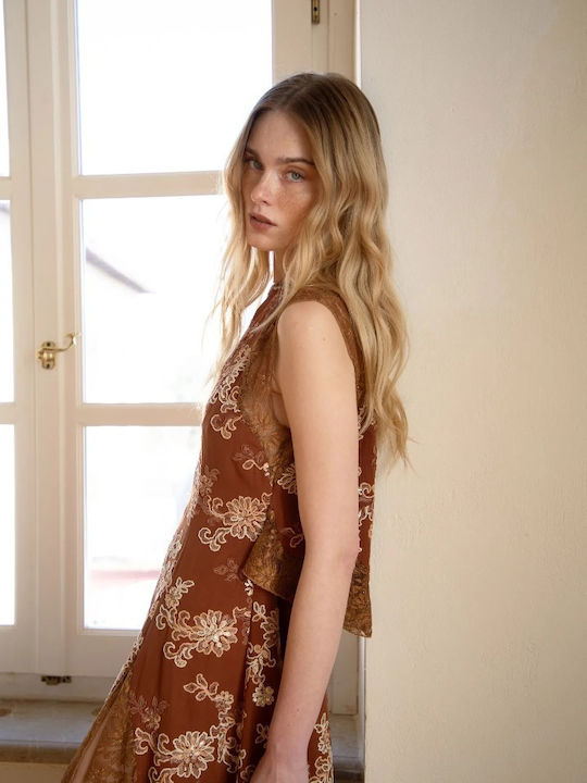 Rochie-Cămașă Midi Floral Teracotă