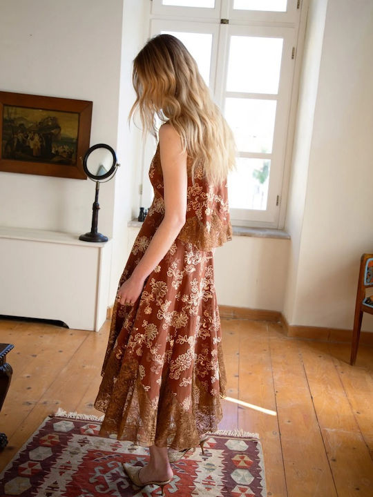 Rochie-Cămașă Midi Floral Teracotă