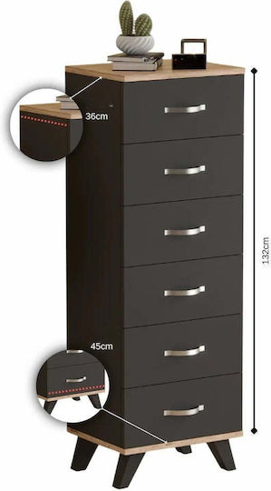SteweHome Kommode Schlafzimmer Holz mit 6 Schubladen Graue 45x36x132cm