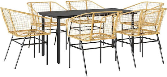 Garden & Outdoor Furniture Set Dining Room 7 Pieces Black with Pillows