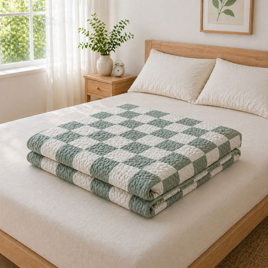Kotonia Home Cuvertură Pat Dublu Microfibra Albă Și Verde 180x230cm